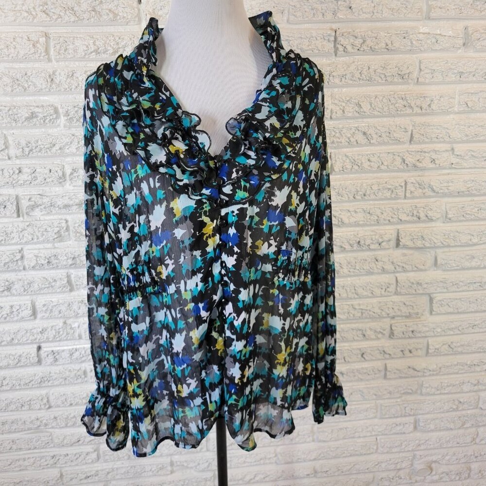 Lane Bryant Plus 18/20 Blue White Watercolor Ruffle Collar Button-Up Top WAT136E